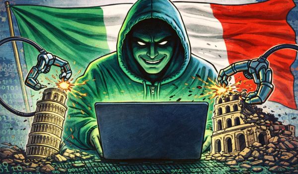 Mappa dell'Italia con icone di attacchi cyber