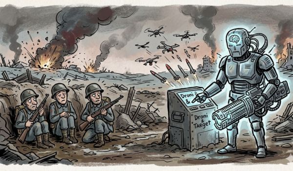 Un robot militare con IA nella notte, con luci rosse e blu